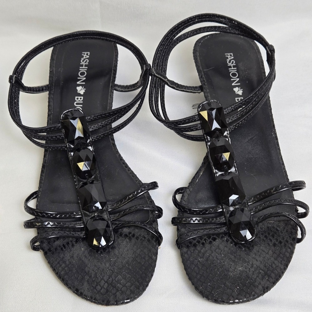 Y2K Fashion Bug King2 Jewel Embellished T-strap Sandals, Retro Glam, Black, 6.5M